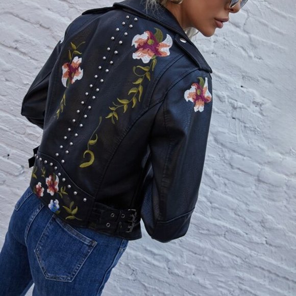 Floral Embroidered faux leather biker  jacket - Picture 2 of 9
